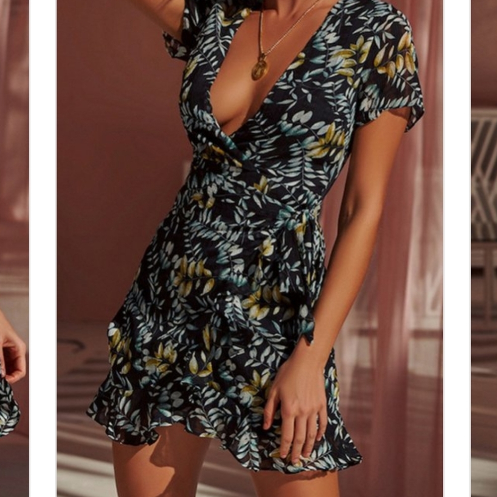Gypsy Love Wrap Mini Dress Ruffle Boho Black - Picture 2 of 8